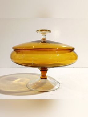 Vintage Amber Glass Covered Compote Dish